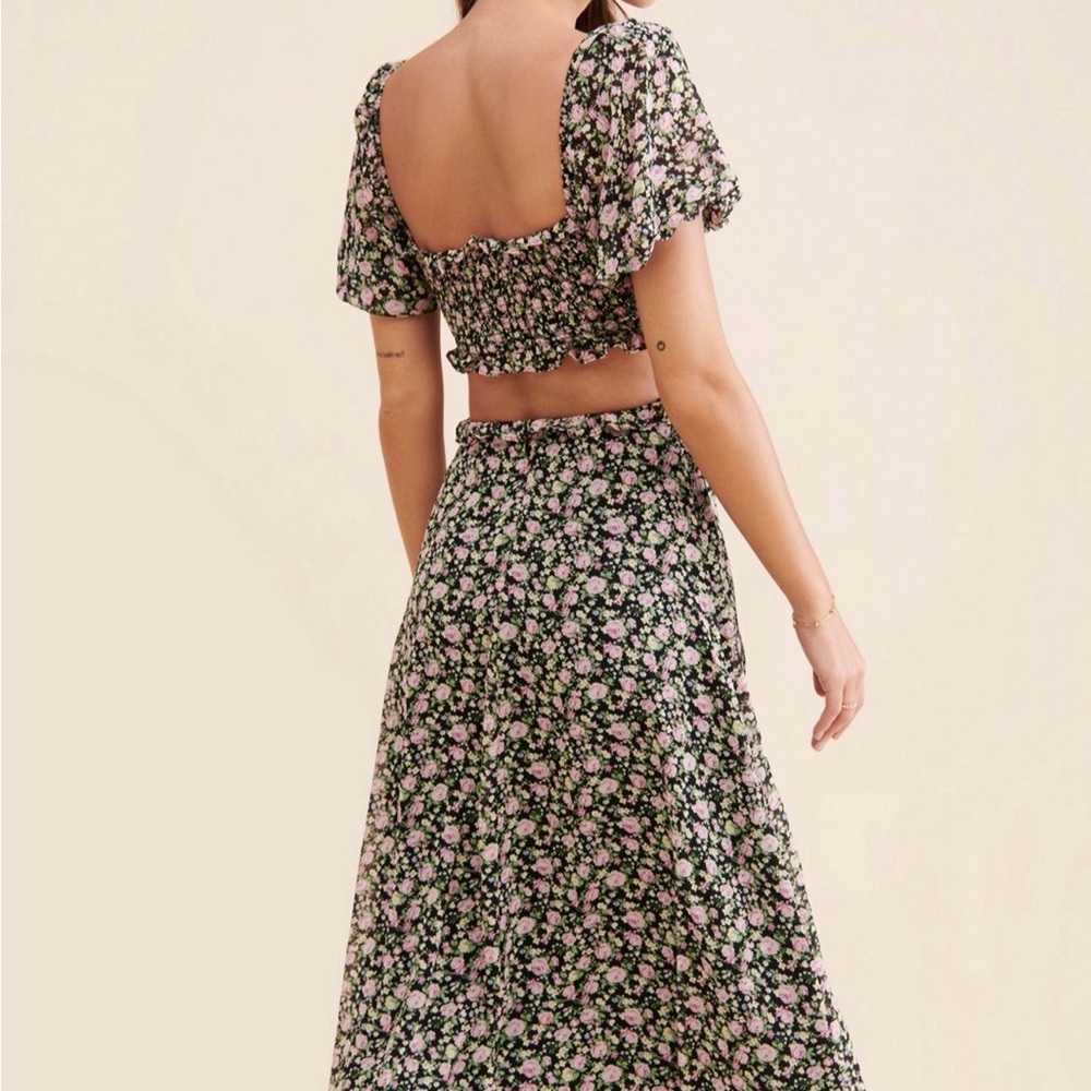 Floral Cutout Midi Dress in Black with Pink Flowers - Picture 2 of 3